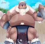 accessory anthro belly bottomwear brown_body brown_fur clothing fur hairy headband loincloth looking_at_viewer male musclegut muscular navel nipples pecs solo nisikemo lifewonders tokyo_afterschool_summoners kimun_kamui_(tas) bear fish mammal marine absurd_res hi_res