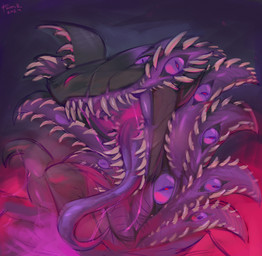 ambiguous_gender black_body body_horror front_view looking_at_viewer multi_eye open_mouth pupils purple_eyes purple_insides purple_tongue sharp_teeth simple_background slit_pupils solo teeth tongue famir monster species_request 2024 dated hi_res signature