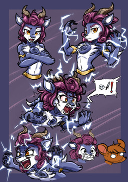 angry anthro armlet chest_tuft duo electricity female hair horn messy_hair multiple_sketches orange_eyes purple_hair tuft gndthr323 rivals_of_aether absa olympia_(rivals_of_aether) bovid caprine goat mammal murid murine rat rodent absurd_res hi_res