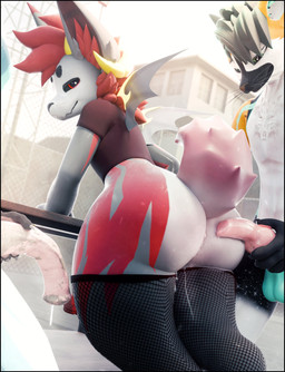 anal anal_penetration animal_genitalia animal_penis anthro bat_wings big_butt black_body black_fur bodily_fluids butt canine_genitalia canine_penis clothing cum cum_drip dripping duo equine_genitalia erection fishnet_clothing fishnet_legwear fur genital_fluids genitals grey_body grey_fur horn knot leaking_cum legwear looking_at_viewer male male/male male_penetrated membrane_(anatomy) membranous_wings orange_body orange_fur penetration penis red_body red_fur shirt thick_thighs topwear white_body white_fur wings lill_esp lill_espion goobastera rexouium 3d_(artwork) absurd_res blender_(artwork) digital_media_(artwork) hi_res