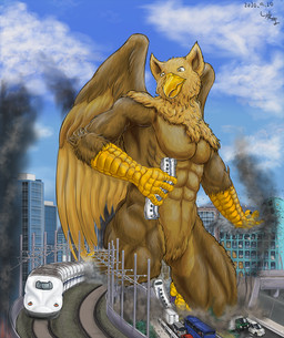 5_fingers abs anthro beak biceps biped brown_body brown_fur building building_destruction city city_background city_destruction cityscape claws crush destruction feathered_wings feathers feet finger_claws fingers fur house landscape_dwarfing macro macro_anthro macro_male male muscular muscular_anthro muscular_male nude outside pecs public_transportation rampage sky smile solo tail toes train vehicle vehicle_destruction wings shimatabi mythology carpo avian gryphon mythological_avian mythological_creature hi_res