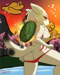 anthro anthrofied barely_visible_genitalia barely_visible_pussy breasts clothed clothing detailed_background female genitals nipples panties pussy side_boob simple_background solo topless underwear undressing ikaribunbun capcom clover_studio okami_(capcom) amaterasu_(okami) canid canine canis deity mammal wolf digital_media_(artwork)