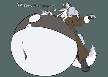 anthro belly big_belly black_nose bloated boots clothing dialogue footwear fur hat headgear headwear huge_belly inflation jacket male navel shirt shoes solo stuffing text topwear white_body white_fur cavios fate_(series) type-moon patxi_(fate) canid canine canis mammal wolf hi_res