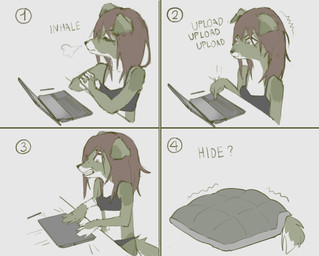 anthro bedding blanket bra brown_hair clothing comic_panel computer electronics expressions female floppy_ears fur hair hiding laptop looking_at_object multicolored_body multicolored_fur simple_background simple_coloring solo stylus text under_blanket underwear white_background ecolenss eilin_(aliceinmurrey) canid canine canis domestic_dog mammal comic english_text hi_res meme