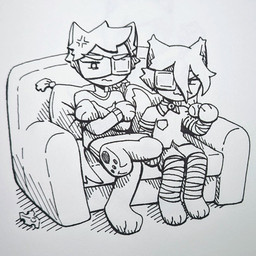 angry anthro bandage bandaged_arm bandaged_leg duo eye_patch eyewear furniture male sofa 90percentdenny 90_percent_studios purrfect_apawcalypse patches_ito sparky_fritz canid canine canis domestic_cat domestic_dog felid feline felis mammal 1:1 hi_res