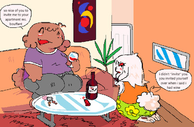 alcohol apartment beverage bottomwear brown_body brown_fur clothing coffee_table container cup dialogue disagreement door drinking_glass fur furniture glass glass_container glass_cup holding_container holding_cup holding_drinking_glass holding_object holding_wine_glass inside key keyring pants pawpads picture_frame plant plant_pot potted_plant purple_clothing purple_shirt purple_t-shirt purple_topwear rug shirt sitting smile sofa speech_bubble t-shirt table text topwear white_body white_fur wine wine_bottle wine_glass twigsyy charlotte_bouffant potpourri_baudelaire canid canine canis domestic_dog lagomorph leporid mammal poodle rabbit toy_dog toy_poodle english_text