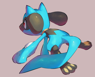 3_fingers ambiguous_gender anthro arm_markings barefoot black_body black_fur black_markings blue_body blue_ears blue_fur blue_tail curled_tail facial_markings feet fingers fur fur_markings grey_background head_markings leg_markings long_tail looking_forward markings mask_(marking) monotone_tail multicolored_body multicolored_fur multicolored_markings pawpads paws pointy_ears prick_ears rear_view red_eyes shadow simple_background socks_(marking) solo tail white_body white_markings yellow_body yellow_markings yellow_pawpads nullma nintendo pokemon canid canine generation_4_pokemon mammal pokemon_(species) riolu full-length_portrait hi_res portrait