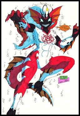 4_toes 5_fingers anthro black_border black_spots border breasts duo featureless_breasts featureless_crotch feet female fingers frill_(anatomy) gills hair lure_(anatomy) markings membrane_(anatomy) multicolored_body multicolored_hair navel nude occult_symbol pentagram red_body red_hair simple_background smile solo spots spotted_body striped_markings stripes symbol tail teeth text toes webbed_feet webbed_hands white_background white_body white_eyes white_hair white_stripes cougar_leon silence_(marvel) alien anglerfish anglerfish_humanoid aquatic fish humanoid klyntar mammal 2026 absurd_res artist_name colored english_text hi_res signature traditional_media_(artwork)