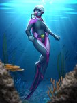 5_fingers anthro breasts coral_reef detailed_background female fingers scuba_diver scuba_fins scuba_gear sea solo underwater water mykegreywolf anthozoan cnidarian coral fish mammal marine pinniped seal 2023 3:4 absurd_res digital_media_(artwork) hi_res