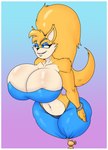 anthro bedroom_eyes big_breasts blue_eyes border breasts crossgender female fur geniefied hair harem_outfit magic_lamp mtf_crossgender narrowed_eyes ponytail seductive solo white_border yellow_body yellow_fur shinysteel sega sonic_the_hedgehog_(series) miles_prower canid canine fox genie mammal hi_res