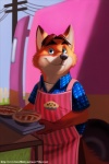 anthro apron blue_eyes brown_body brown_fur brown_hair clothed clothing day dessert dipstick_ears ear_markings fence food fully_clothed fur hair holding_object looking_at_viewer male multicolored_ears orange_body orange_fur outside pastry pie shirt short_hair smile solo standing text topwear tray vehicle white_body white_fur 7theaven disney zootopia gideon_grey canid canine fox mammal red_fox true_fox 2016 2:3 english_text url