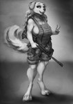 abstract_background anthro big_breasts bird_dog black_and_white bottomwear breasts bristlebunnyart camo camo_bottomwear camo_clothing camo_pants camo_print canid canine canis clothed clothing collar digitigrade dog_tags domestic_dog female gesture golden_retriever gun hair hand_gesture hi_res hunting_dog long_hair looking_at_viewer mammal monochrome pants pattern_bottomwear pattern_clothing pattern_pants ranged_weapon retriever side_boob smile solo sticker stickers_on_object tail tail_motion tailwag topwear v_sign vest weapon