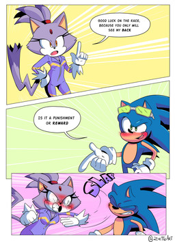 anthro blush bodysuit clothing eyewear eyewear_on_head female flirting green_eyes hair hero humor jumpsuit male male/female ponytail princess royalty skinsuit slap slap_(sound_effect) smile speech_bubble sunglasses sunglasses_on_head tight_clothing yellow_eyes xao_art sega sonic_riders sonic_the_hedgehog_(series) blaze_the_cat sonic_the_hedgehog domestic_cat eulipotyphlan felid feline felis hedgehog mammal absurd_res comic hi_res