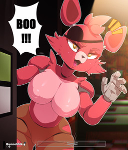 anthro big_breasts black_nose breasts cheek_tuft crossgender dialogue eye_patch eyelashes eyewear facial_tuft fangs female fingers front_view fur head_tuft looking_at_viewer machine mtf_crossgender open_mouth pink_body pink_fur red_body red_fur solo speech_bubble teeth text thick_thighs tuft wide_hips yellow_eyes bunnemilk five_nights_at_freddy's scottgames foxy_(fnaf) animatronic canid canine fox mammal robot 2023 digital_media_(artwork) hi_res