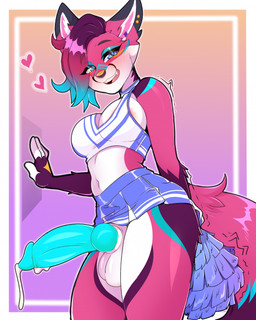 animal_genitalia animal_penis anthro areola balls big_balls big_penis blue_eyes blue_penis blush bodily_fluids bottomwear breasts canine_genitalia canine_penis cheerleader cheerleader_outfit cleavage clothed clothing crop_top cuff_(restraint) cum cum_drip dripping ear_piercing fangs fluffy fluffy_tail fur genital_fluids genitals gynomorph hair half-closed_eyes heart_symbol huge_penis intersex knot knotted_penis looking_at_viewer miniskirt motion_lines multicolored_body multicolored_fur multicolored_hair narrowed_eyes navel no_underwear open_mouth penis piercing pink_body pink_fur purple_body purple_fur restraints shackles shirt short_hair skirt smile smiling_at_viewer solo standing tail teeth topwear white_body white_fur gimnie canid canine fox mammal hi_res