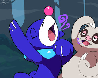 ambiguous_gender blue_body claws duo eyes_closed fangs feral fur half-closed_eyes narrowed_eyes open_mouth scratching_head tan_body tan_fur teeth tongue yawn sleepy_sealion nintendo pokemon generation_3_pokemon generation_7_pokemon pokemon_(species) popplio slakoth 2025 5:4 absurd_res dated hi_res signature