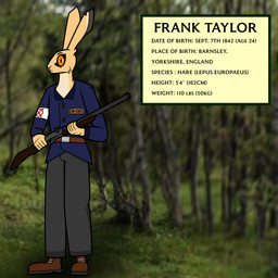 anthro armband big_eyes blue_clothing blue_jacket blue_topwear boots bottomwear clothing footwear forest_background fur grey_bottomwear grey_clothing grey_pants gun holding_object holding_weapon jacket long_ears male number_on_clothing orange_eyes pants ranged_weapon shoes shotgun slim solo standing tan_body tan_fur text_box topwear weapon directorium frank_taylor european_hare hare lagomorph leporid mammal absurd_res hi_res model_sheet
