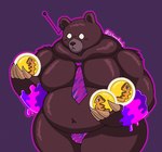 anthro beady_eyes belly biped blush brown_body brown_fur bulge claws clothed clothing fur golden_egg headgear male moobs navel necktie overweight overweight_male partially_clothed purple_background simple_background slime solo solo_focus thick_thighs underwear ch4mm0zotz nintendo splatoon mr._grizz bear mammal