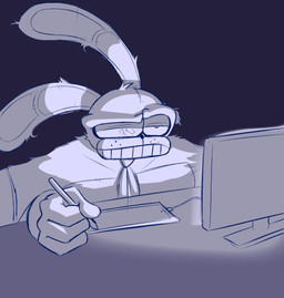 accessory anthro computer drawing_(action) drawing_tablet electronics male necktie pencil_(object) simple_background solo rabbit5gamer lagomorph leporid mammal rabbit hi_res monochrome