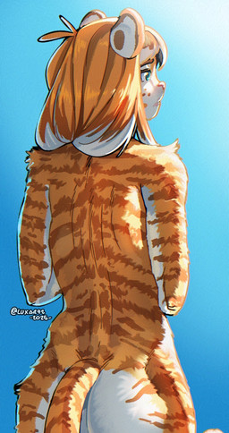 ambiguous_gender anthro arm_tuft blue_background butt closed_frown dorsal_ridge frown fur hair mouth_closed nude nude_anthro nude_female orange_body orange_fur orange_hair rear_view shoulder_tuft simple_background solo striped_body striped_fur stripes tail text tuft luxar92 pancake_(luxar92) felid mammal pantherine tiger 2025 adversarial_noise artist_name dated digital_drawing_(artwork) digital_media_(artwork) english_description half-length_portrait hi_res portrait female_(lore)