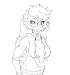 anthro big_breasts breasts choker clothing eyewear female glasses jewelry necklace oversized_clothing smile solo wabbitears lagomorph mammal hi_res monochrome