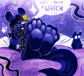 4_toes anthro bed bedroom big_tail black_body clothing curled_tail eyewear feet female foot_fetish furniture glasses hindpaw humor karma_flower legwear looking_at_viewer lying on_back one_eye_closed pawpads paws pillow plushie presenting purple_body purple_pawpads raised_paw redesign scarf solo speech_bubble tail text thigh_highs toes white_eyes wink winking_at_viewer falconthropy szlugcat rain_world videocult fan_character firework_(falconthropy) watcher_(rain_world) slugcat slugcat_humanoid