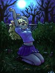 anthro bottomwear braces clothing eyes_closed female kneeling midriff navel on_grass outside poofy_hair skirt solo ishi krista_blonde bear mammal 2017 3:4