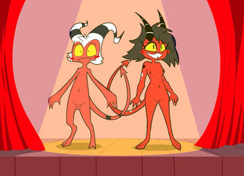 balls blush breasts curtains duo embarrassed female flaccid genitals male married_couple micropenis nipples not_furry nude penis red_body small_balls small_breasts small_penis stage vulva birbpan hellaverse helluva_boss millie_(helluva_boss) moxxie_(helluva_boss) humanoid imp