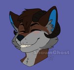 anthro blue_inner_ear blush blush_lines brown_body brown_fur brown_hair cheek_tuft eyes_closed facial_tuft fur grey_body grey_fur hair horn inner_ear_fluff male smile solo tuft mistystar canid canine canis hybrid mammal wolf