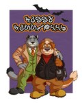 anthro bottomwear brown_body brown_fur clothing cosplay crossover_cosplay duo fur grey_body grey_fur hat headgear headwear holidays hug male male/male necktie pants shirt slightly_chubby text topwear vincenthardges blacksad brok_the_investigator cowcat_games halloween graff_filsh john_blacksad ott_(brok_the_investigator) weekly domestic_cat felid feline felis mammal mustelid otter 2022 crossover hi_res translated