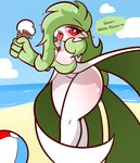 anthro beach blush cloud dessert dialogue female food heart_symbol ice_cream solo speech_bubble teeth text thick_thighs tongue tongue_out ram_g_thunder nintendo pokemon gardevoir generation_3_pokemon pokemon_(species) english_text hi_res