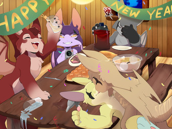 alcohol anthro beverage brown_body brown_fur camera cheek_tuft claws duo exhibitionism eyes_closed eyewear facial_tuft female female/female food fur glasses grey_body grey_fur group holidays kissing membrane_(anatomy) membranous_wings open_mouth pawpads pink_pawpads purple_body purple_fur recording role_reversal smile tan_body tan_fur tongue tuft video_camera wings takeo_(artist) dust:_an_elysian_tail new_year nimbatcolony brianna_(nimbatcolony) eislyn_(nimbatcolony) jena_(nimbatcolony) katell_(nimbatcolony) rosmerta_(nimbatcolony) bat mammal nimbat 4:3 absurd_res hi_res
