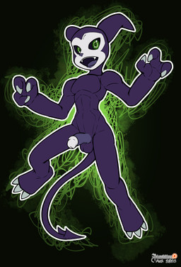 balls black_sclera erection genitals glans green_eyes horn humanoid_genitalia humanoid_penis male nude penis purple_body solo spade_tail tail tongue arashidrgn bandai_namco digimon digimon_(species) humanoid imp impmon mammal 2026 absurd_res hi_res model_sheet sketch sketch_page