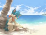 ambiguous_gender beach butt cloud detailed_background drawing feral holding_object holding_stick male outside plant red_eyes sad sand scarf sea seaside sky solo stick tree water yassui nintendo pokemon pokemon_mystery_dungeon spike_chunsoft canid canine eevee generation_1_pokemon generation_2_pokemon mammal pokemon_(species) quilava