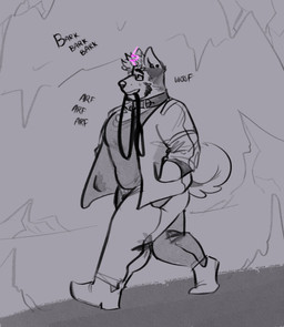 anthro arf barking bottomwear cave clothed clothed_anthro clothed_male clothing collar eyewear footwear fully_clothed fully_clothed_anthro fully_clothed_male glasses hair hands_in_both_pockets jacket leash leash_in_mouth leash_in_own_mouth male male_anthro object_in_mouth pants rock shirt shoes side_view sketch_background solo tail text topwear walking woof_(sound_effect) melaisen bau_(melaisen) akita canid canine canis domestic_dog mammal spitz 2022 absurd_res digital_drawing_(artwork) digital_media_(artwork) english_text greyscale hi_res monochrome sketch spot_color