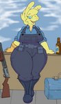 alcohol anthro beer belt beverage big_breasts blue_eyes boots breasts clothing ear_piercing ear_ring female footwear fur gloves handwear huge_thighs leaning_on_wall looking_at_viewer low_wall overalls pear-shaped_figure piercing ring_piercing shoes smile smiling_at_viewer solo thick_thighs weapon wide_hips yellow_body yellow_fur delfucko goatonomous third-party_edit team_fortress_2 valve engineer_(team_fortress_2) miss_b camelid lamoid llama mammal hi_res