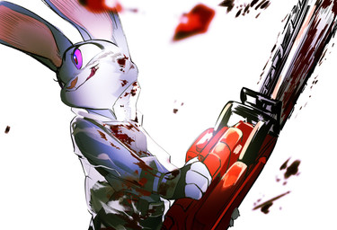 4_fingers anthro blood bodily_fluids chainsaw clothed clothed_anthro clothed_female clothing female female_anthro fingerless_gloves fingers fur gloves grey_body grey_fur handwear holding_chainsaw holding_object holding_power_tool holding_tool iris licking licking_lips licking_own_lips long_ears philtrum pink_inner_ear police police_uniform power_tool pupils purple_eyes simple_background snout solo tongue tongue_out tools translucent translucent_clothing uniform wearing_gloves white_background butterfish8199 disney zootopia judy_hopps european_rabbit lagomorph leporid mammal oryctolagus rabbit half-length_portrait hi_res portrait