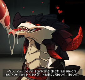 after_oral after_orgasm ambiguous_gender blush blush_lines bodily_fluids chin_spikes collar cum cum_in_mouth cum_inside duo facial_spikes fellatio feral forked_tongue genital_fluids genitals heart_symbol horn oral penile penis pleased_expression red_eyes red_horn sex speech_bubble spikes spikes_(anatomy) text tongue dinkysaurus european_mythology mythology redshift_(dinkysaurus) dragon mythological_creature mythological_scalie scalie western_dragon english_text hi_res