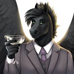 anthro black_body black_feathers black_hair black_nails black_skin black_wings clothing colored_nails feathers front_view green_eyes hair holding_glass holding_object looking_at_viewer male nails necktie purple_necktie shirt simple_background solo suit topwear white_background white_clothing white_shirt white_topwear wings apple-faced mythology roukan_(pegasus) equid equine mammal mythological_creature mythological_equine pegasus 2020 digital_media_(artwork) half-length_portrait hi_res portrait