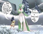 big_breasts breasts cleavage clothed clothing duo female genitals larger_female no_underwear not_furry pussy size_difference smaller_female smaller_human snow text zacianswords nintendo pokemon pokemon_legends_arceus akari_(pokemon) alpha_pokemon gardevoir generation_3_pokemon human mammal pokemon_(species) absurd_res english_text hi_res