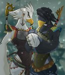 anthro armor bandage black_body bow_(weapon) braided_pseudo_hair duo feathers male male/male pseudo_hair ranged_weapon snow weapon white_body white_feathers yellow_eyes sheep_riritoto breath_of_the_wild nintendo the_legend_of_zelda harth_(tloz) teba_(tloz) avian bird rito