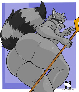 anthro butt cane clenched_teeth fangs fur gesture hand_gesture holding_cane holding_object looking_at_viewer low-angle_view male nude raised_tail rear_view smile smiling_at_another smiling_at_viewer smirk solo tail teeth v_sign zangokunatenshi sly_cooper_(series) sony_corporation sony_interactive_entertainment sucker_punch_productions sly_cooper mammal procyonid raccoon 2025 hi_res signature