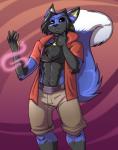 anthro belt black_body black_fur black_hair blue_body blue_fur bottomwear canid canine clothing desmond_fallout digital_media_(artwork) fox fur hair jaeh male mammal shirt shorts solo topwear white_body white_fur yellow_eyes