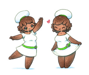 belt bread breasts brown_body brown_hair clothing dress eyebrow_through_hair eyebrows eyelashes eyes_closed female food gesture green_belt green_eyes hair hat headgear headwear heart_symbol simple_background solo standing translucent translucent_hair waving white_background white_clothing white_dress white_hat white_headwear lonely_cri food_creature food_humanoid humanoid