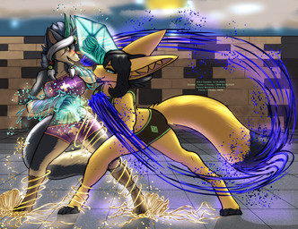 anthro beads blue_eyes blue_hair dueling duo eyewear female fight glasses green_eyes hair horn magic magic_user piercing scar feretta fleety_(artist) fenavi_montaro fleety_(character) canid canine canis fennec_fox fox mammal true_fox valkwulf wolf 2025 hi_res herm_(lore)