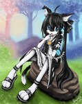 anthro black_body black_bottomwear black_clothing black_footwear black_fur black_hair black_sandals black_skirt black_topwear bottomwear clothed clothing dipstick_tail female footwear fur glistening glistening_eyes hair looking_at_viewer markings open_mouth outside pink_tongue plant red_eyes sandals shoes shrub sitting skirt solo tail tail_markings tongue topwear tree white_body white_bottomwear white_clothing white_fur white_skirt penguinexperience felid mammal 2010 dated signature