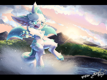 ambiguous_gender anthro cheek_tuft chest_tuft claws cloud crotch_tuft detailed_background facial_tuft fangs finger_claws flying fur green_eyes horn inner_ear_fluff mountain open_mouth outside pawpads pink_nose pink_pawpads sea sky solo splash sunset surprised tail teeth toe_claws tongue tuft water wet white_body white_fur wings gingy_k_fox mythology dragon furred_dragon furred_scalie mythological_creature mythological_scalie scalie 2020 signature