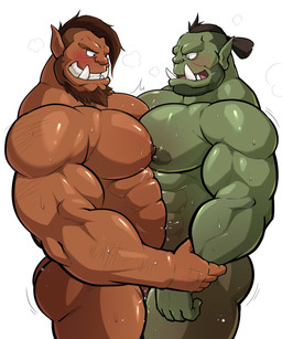 abs beard blush bodily_fluids duo facial_hair grinding male male/male muscular muscular_male nipples not_furry nude pecs sex simple_background sweat white_background maldu humanoid orc 5:6 absurd_res hi_res