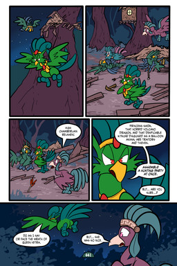 5_panel_comic accessory ambiguous_gender arrow_(weapon) beak black_text brown_eyes dialogue ellipsis exclamation_point eyebrows feathered_wings feathers feet feral flying forest green_wings group lying night on_back one_eye_closed outside page_number pink_eyes plant question_mark questioning_ellipsis ranged_weapon red_eyes sitting sky speech_bubble standing star tail tail_feathers talking_to_another talons text toes toony tree tree_house weapon white_sclera window wings wounded yellow_beak virmir avian 2025 2:3 absurd_res comic english_text hi_res