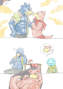 angry anthro balls bottomwear captured clothing clothing_pull confined duo electronics erection eyewear genitals glasses green_eyes group male nude open_mouth pants penis phone pokeball pokemorph question_mark red_eyes sad shirt shirt_pull simple_background slightly_chubby topwear topwear_pull white_background slugsdog nintendo pokemon avian generation_1_pokemon generation_2_pokemon golduck pokemon_(species) quagsire slowpoke 2014 absurd_res comic digital_drawing_(artwork) digital_media_(artwork) hi_res